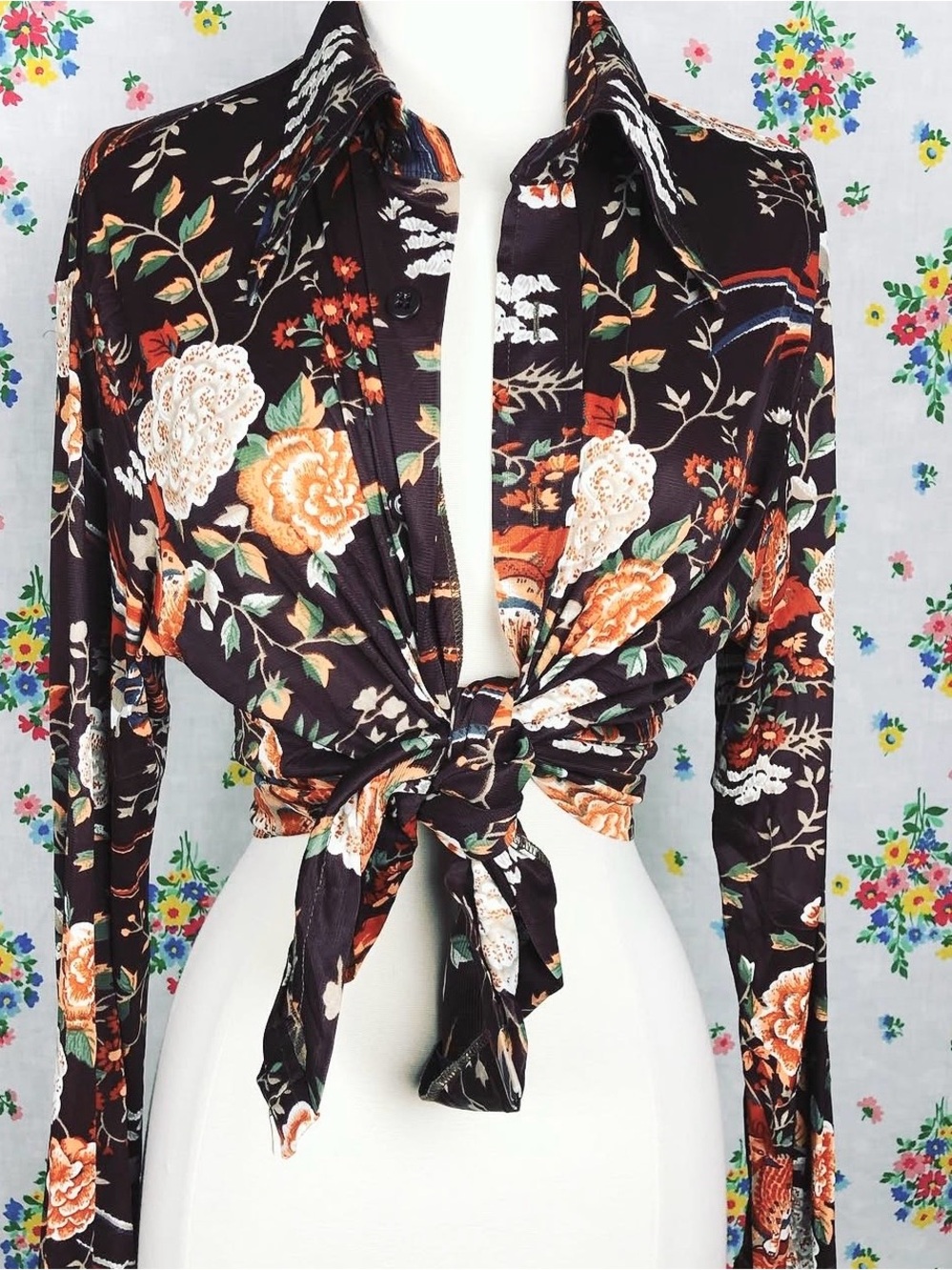 Poly Disco Blouse Button Up Floral Retro 1970 70s